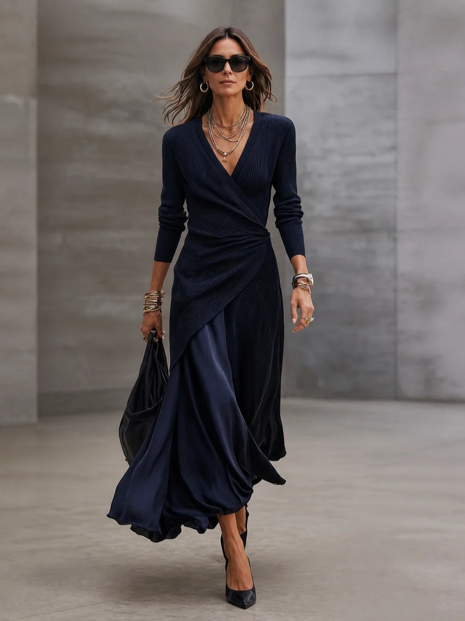 Tamara | Vestido Maxi Cruzado con Falda de Satén, Azul Marino
