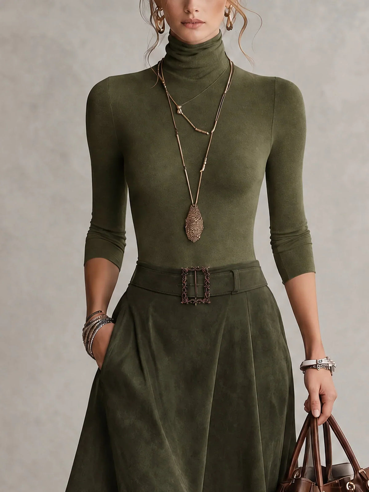 Pía | Conjunto de blusa de cuello alto y falda asimétrica