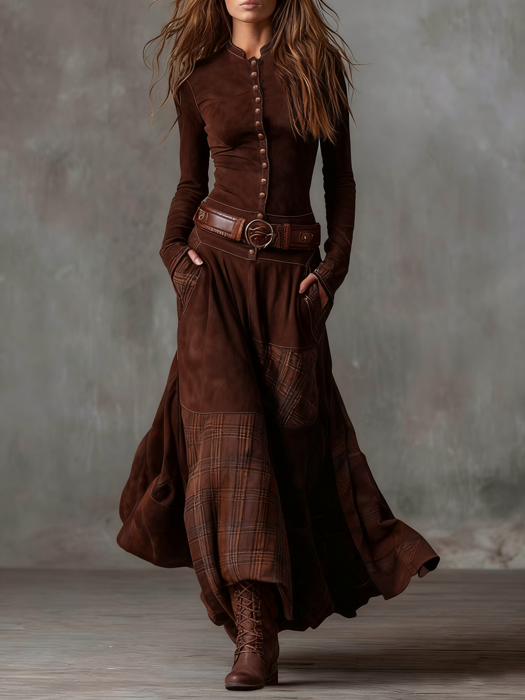 Élise | Vestido Maxi Efecto Gamuza con Cinturón