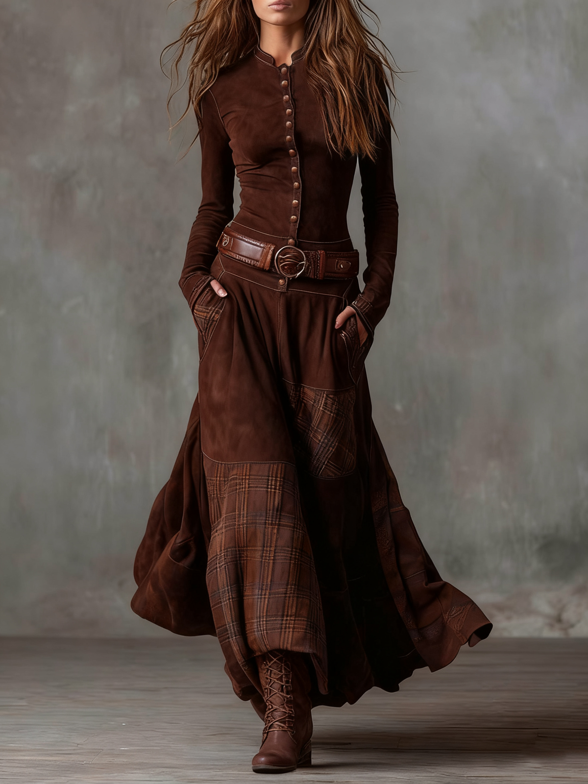 Élise | Vestido Maxi Efecto Gamuza con Cinturón