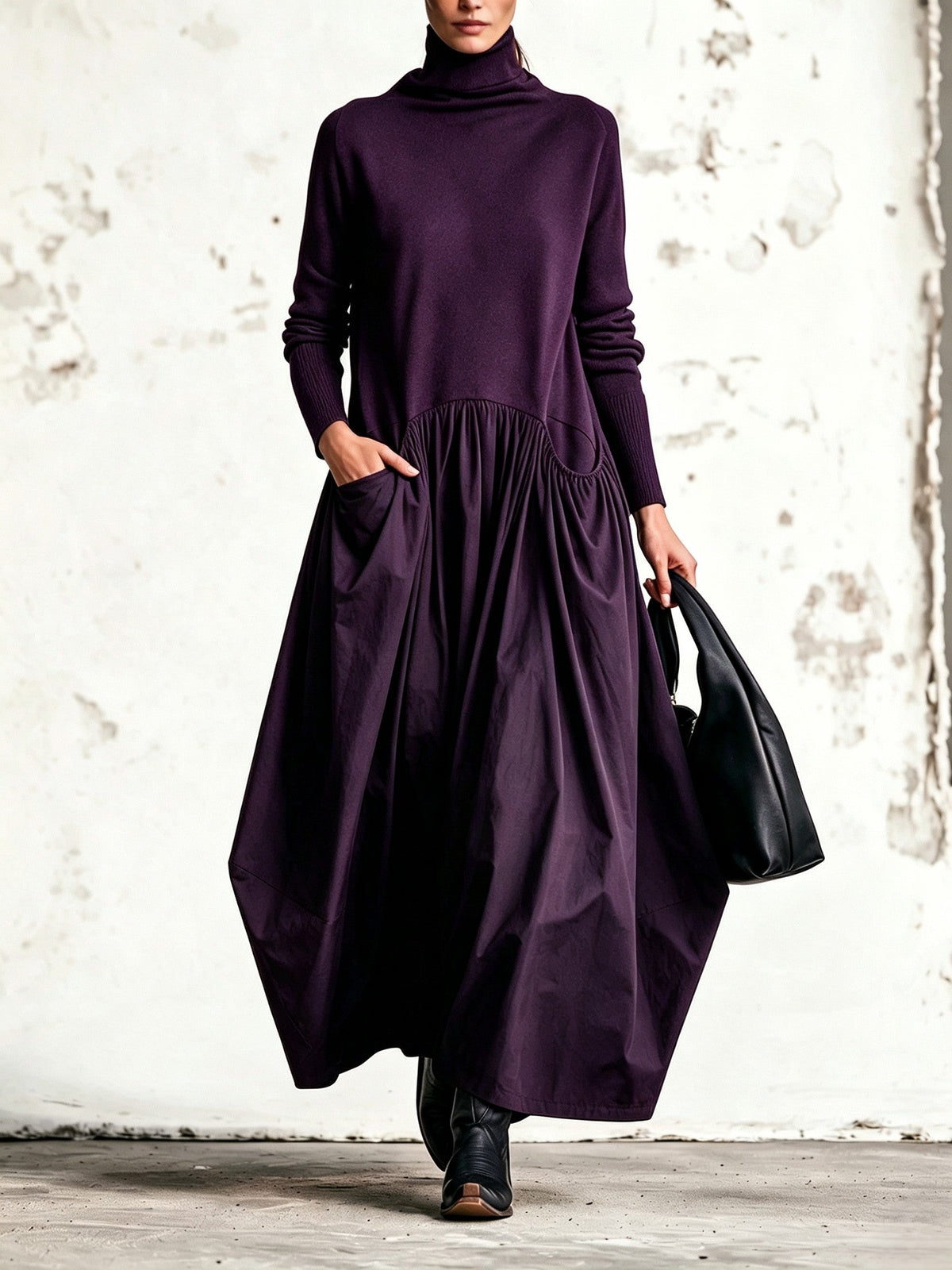 Ilaria | Vestido Maxi Oversize de Cuello Alto con Bolsillos
