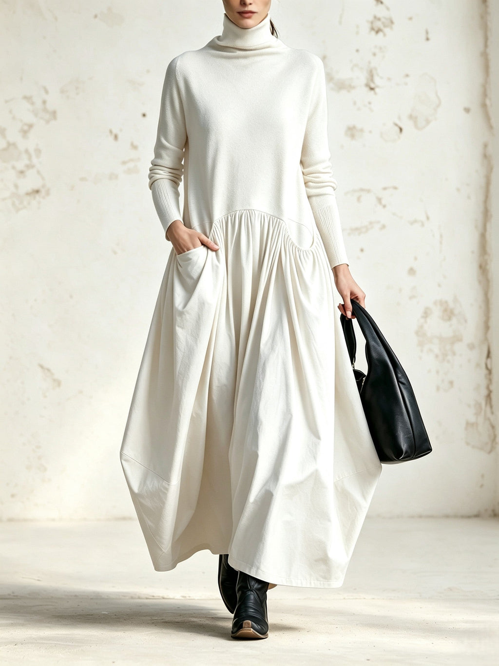 Ilaria | Vestido Maxi Oversize de Cuello Alto con Bolsillos