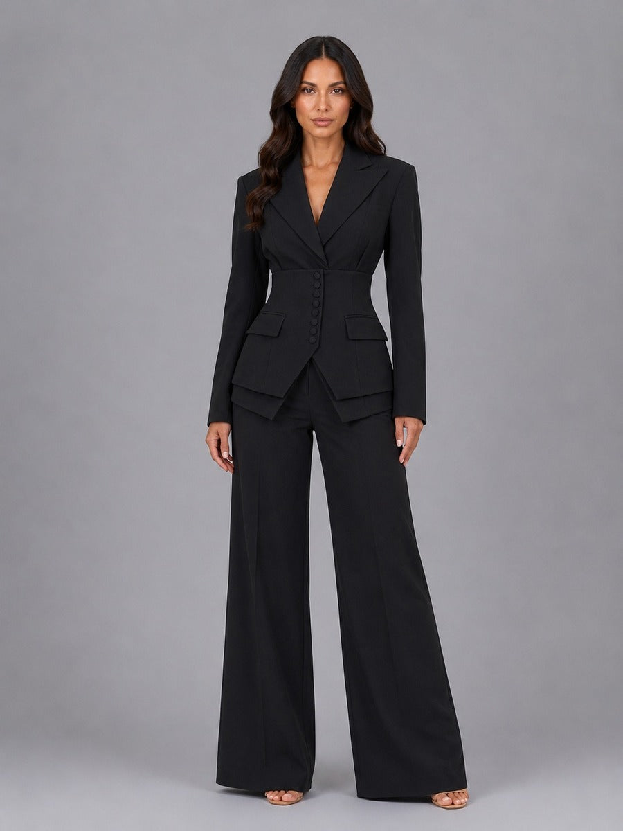 Anselma | Conjunto de Dos Piezas con Blazer de Cintura Marcada y Pantalones Palazzo