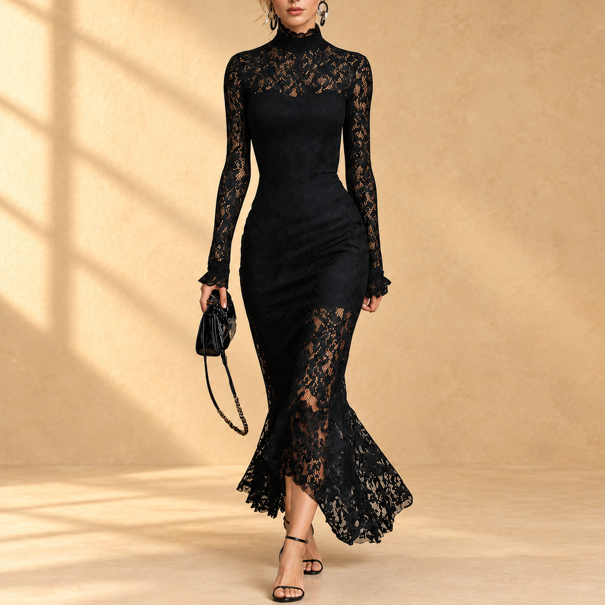 Arabella | Vestido de noche negro de encaje con cuello alto y manga larga
