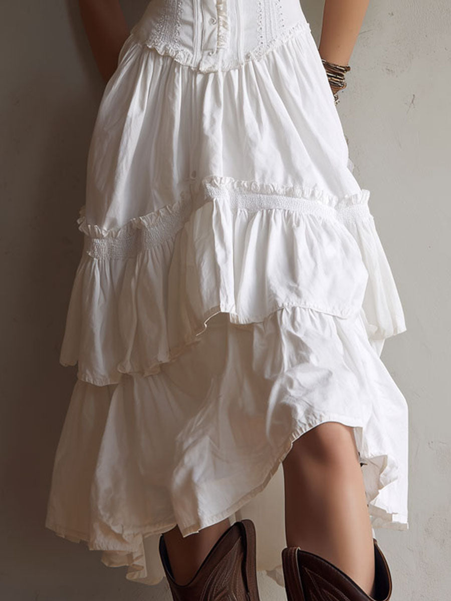 Marisela | Vestido midi con corsé, olanes escalonados y encaje