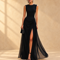 Beatrice | Vestido largo negro de chiffon con talle alto y abertura