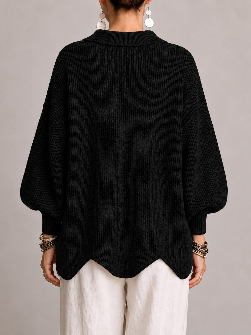 Maddalena | Cárdigan Oversize Acanalado con Dobladillo Festoneado, Negro