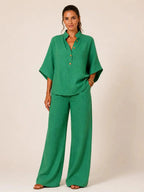 Malibú | Conjunto de blusa camisera y pantalón de pierna ancha