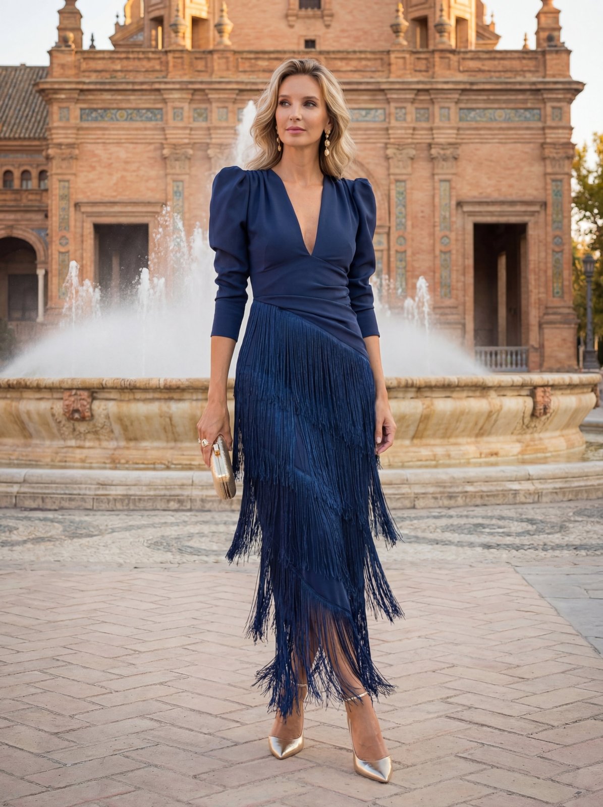 Doria | Vestido midi con flecos en capas y manga larga