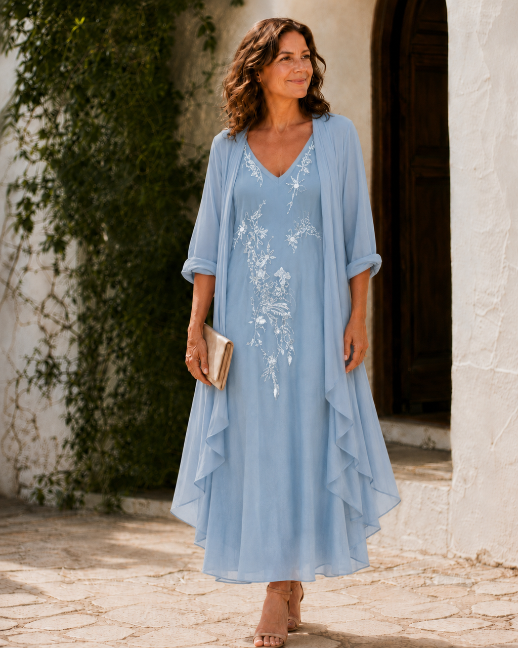 Juliana | Vestido largo de encaje con capa ligera