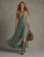 Avril | Vestido largo plisado con escote en V fruncido
