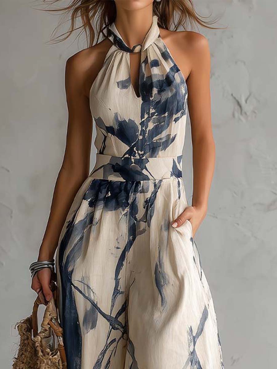 Sabrina | Jumpsuit estampado de pierna ancha con cuello halter
