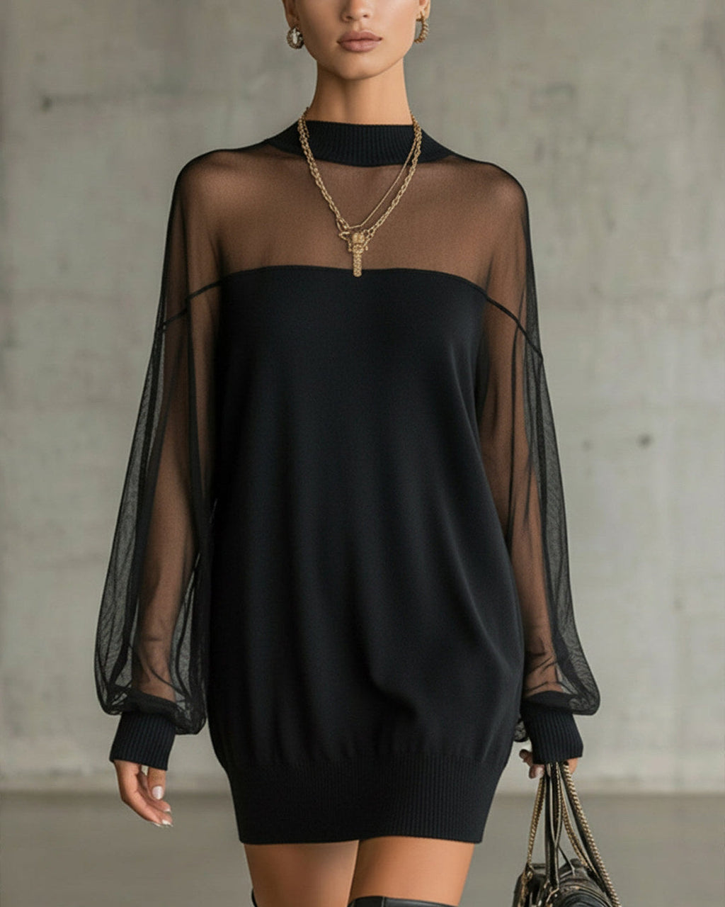 Amelia | Minivestido con Mangas de Malla, Negro