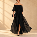 Genevieve | Vestido largo de chiffon con hombros descubiertos y falda vaporosa