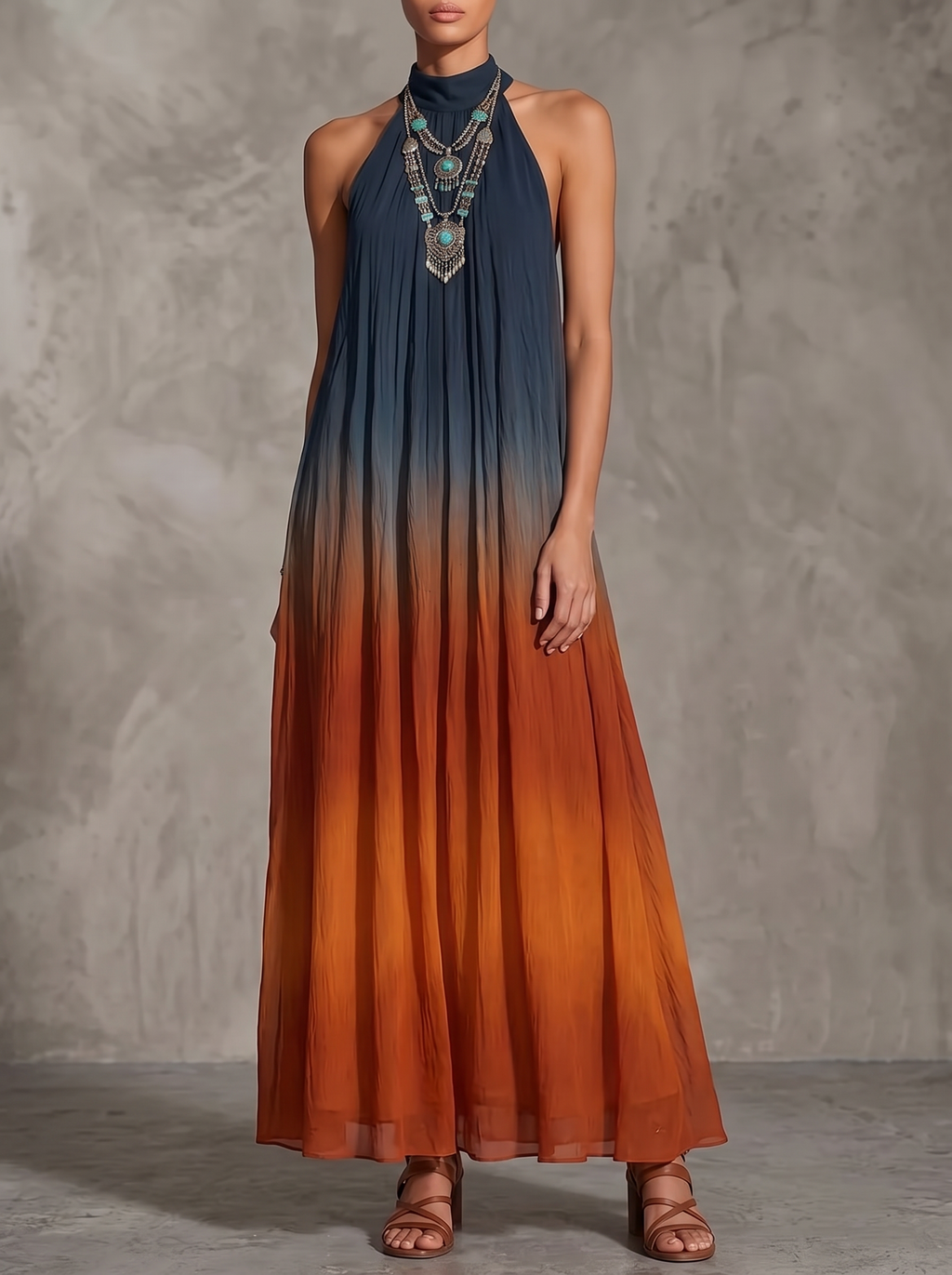 Paula | Vestido Maxi de Chifón Degradado en Azul y Óxido