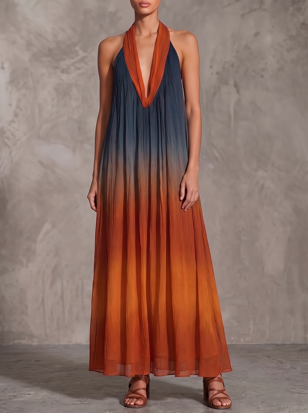 Paula | Vestido Maxi de Chifón Degradado en Azul y Óxido