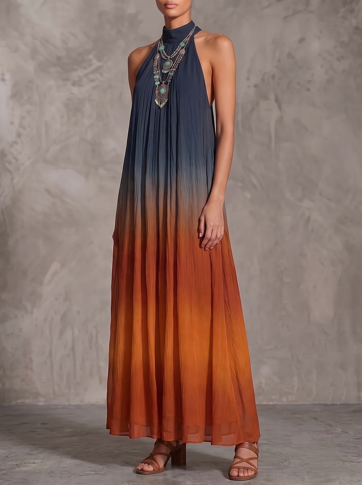 Paula | Vestido Maxi de Chifón Degradado en Azul y Óxido
