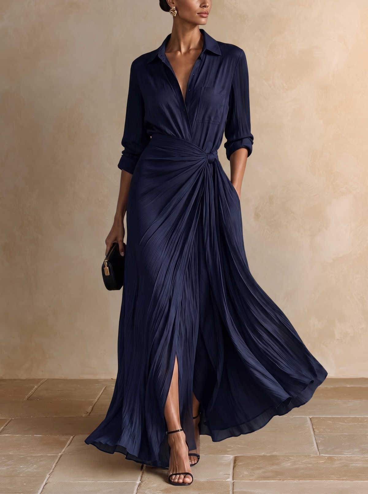 Allegra | Vestido Camisero Maxi con Nudo en la Cintura, Azul Marino