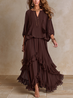Emanuela | Conjunto de chiffon color café con olanes