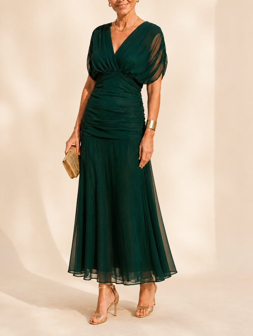 Séfora | Vestido midi fruncido con mangas transparentes