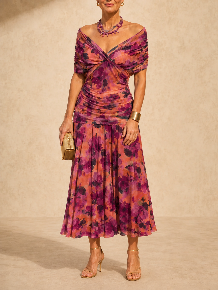 Séfora | Vestido midi fruncido con mangas transparentes