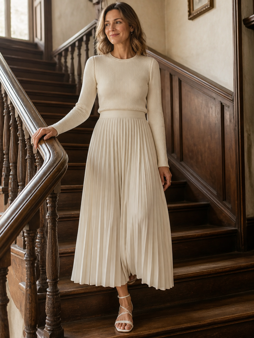Carlota | Conjunto de blusa acanalada y falda midi plisada