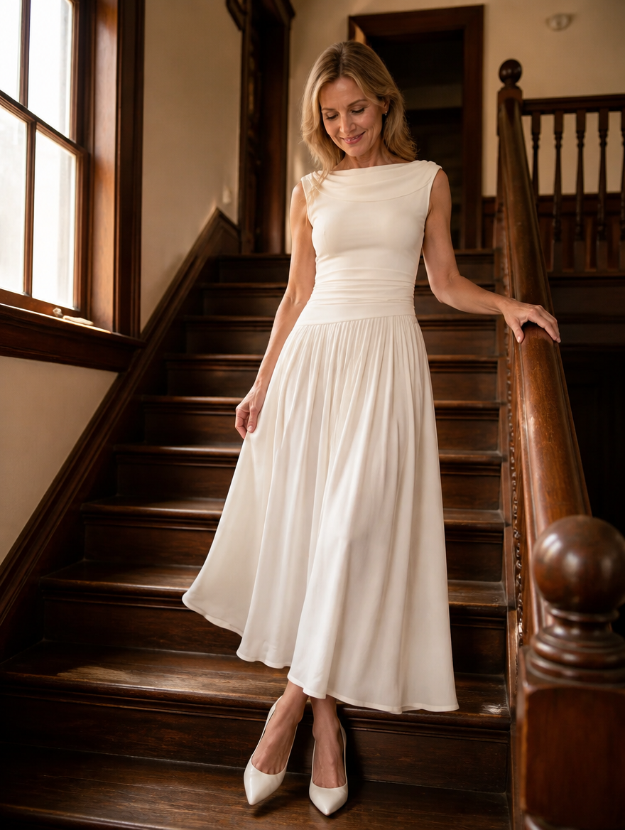 Simonetta | Vestido midi plisado con cuello drapeado