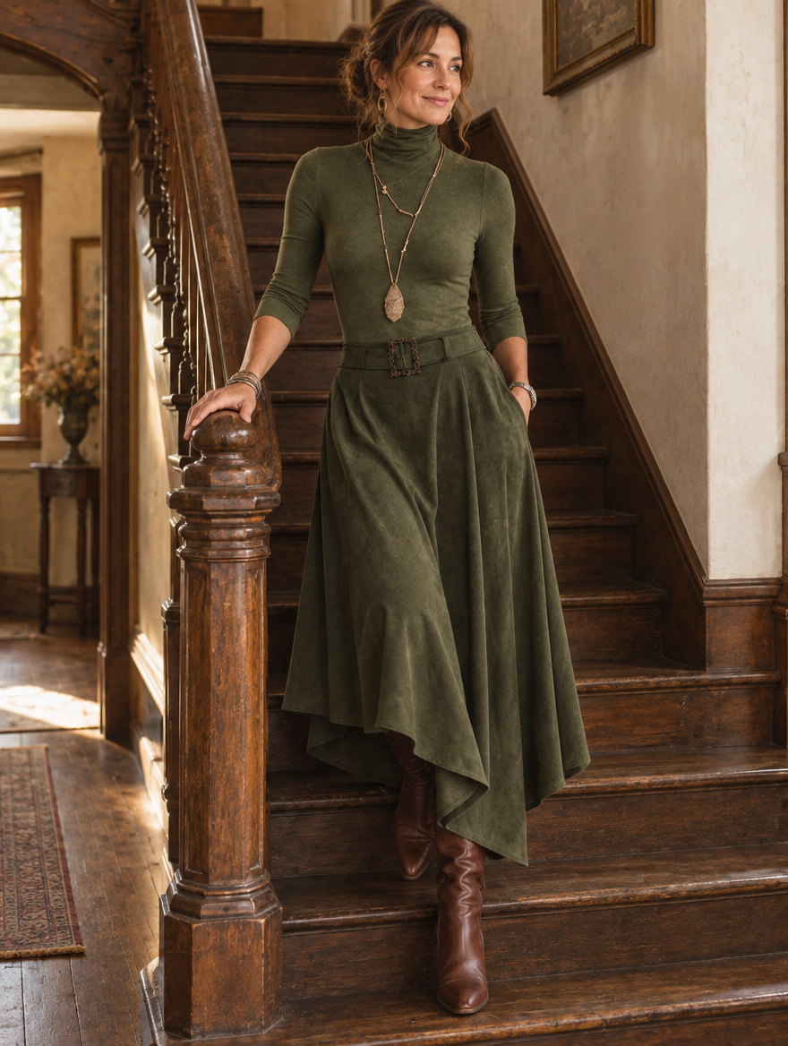Pía | Conjunto de blusa de cuello alto y falda asimétrica