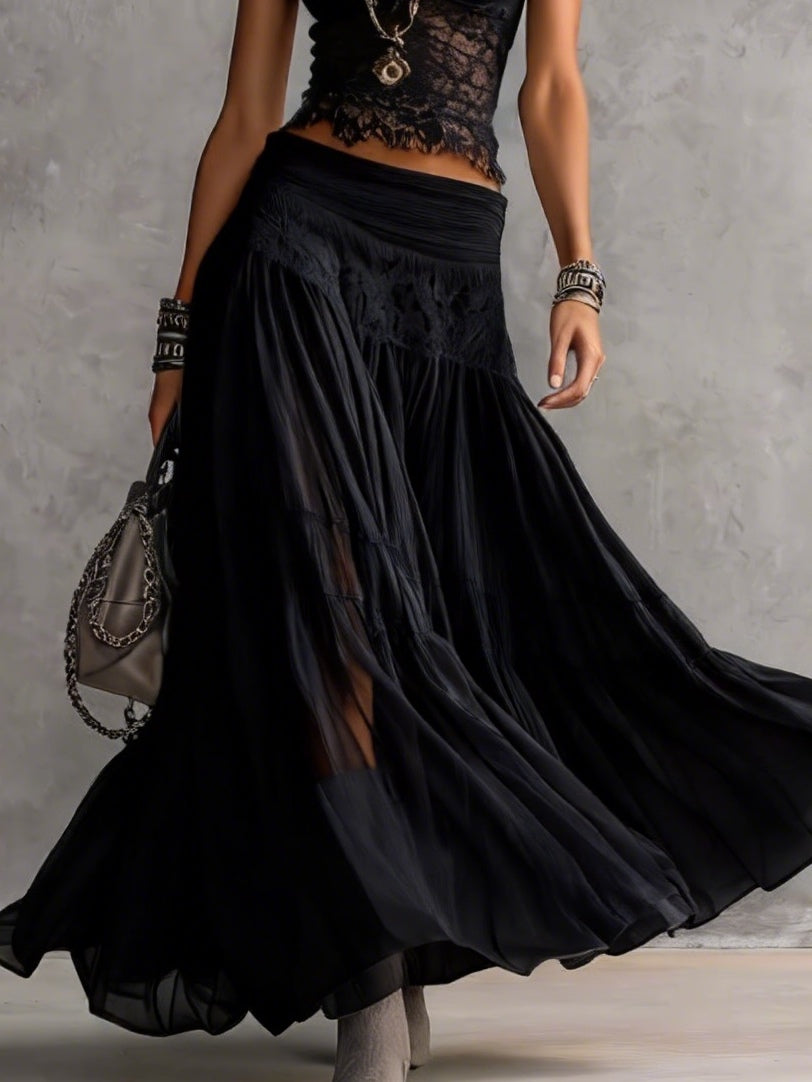 Adelina | Conjunto negro de encaje con falda plisada
