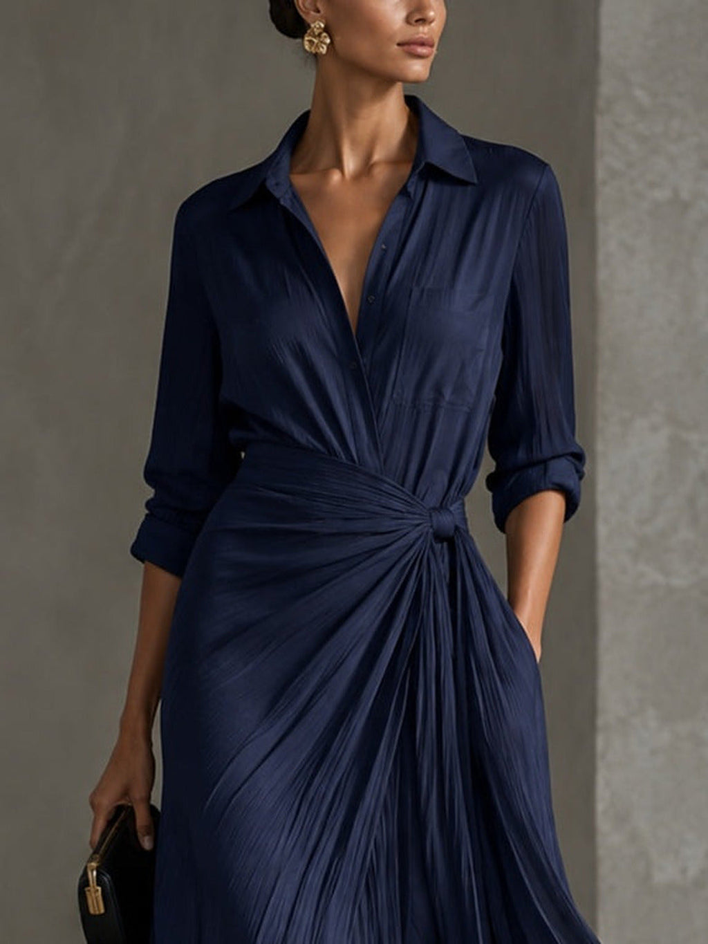 Allegra | Vestido Camisero Maxi con Nudo en la Cintura, Azul Marino