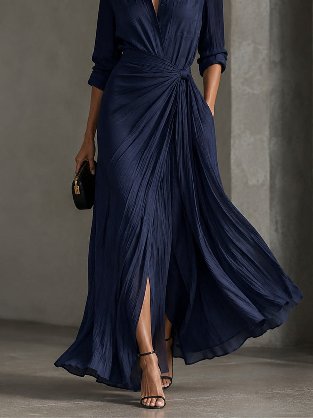 Allegra | Vestido Camisero Maxi con Nudo en la Cintura, Azul Marino