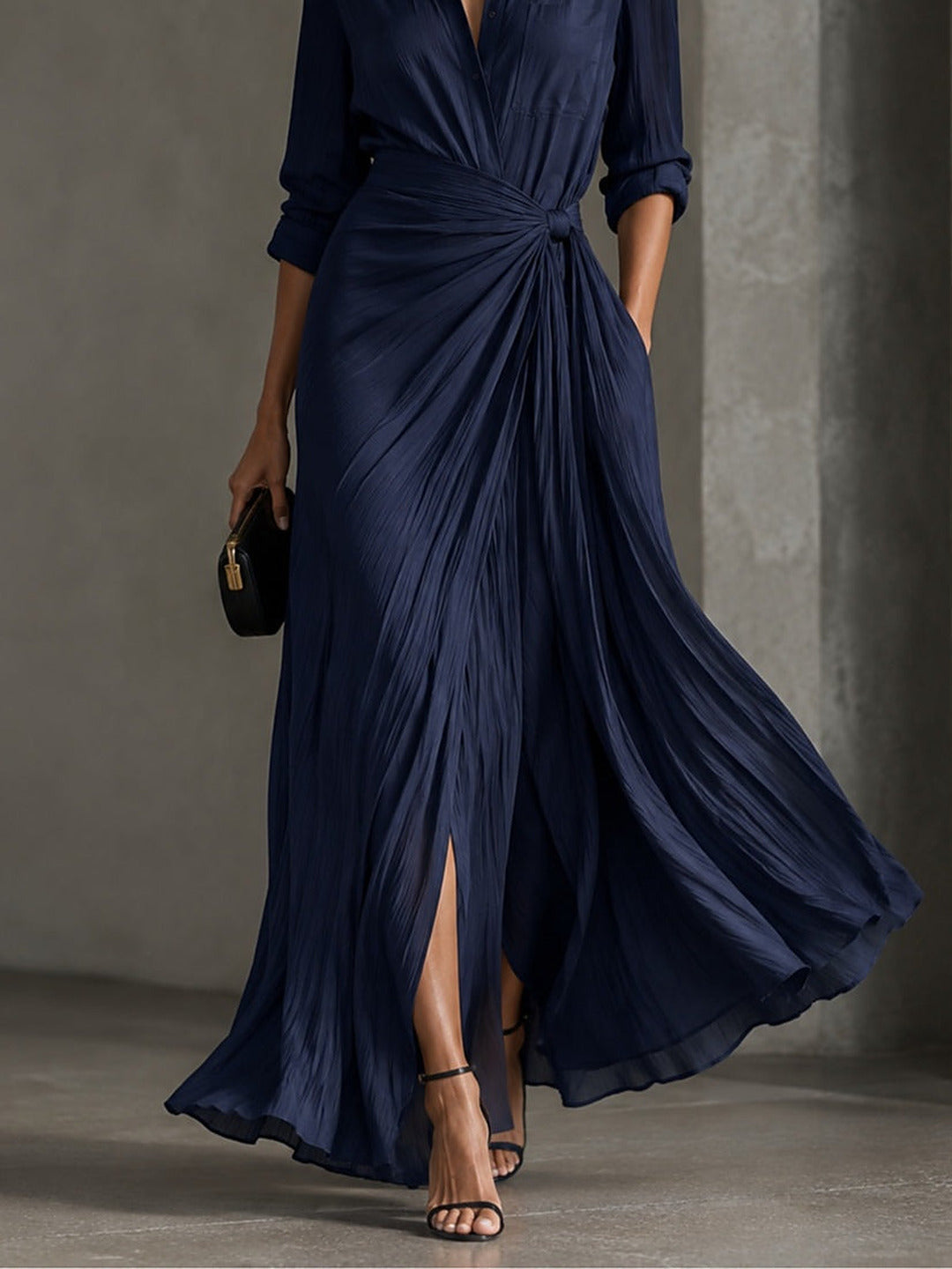 Allegra | Vestido Camisero Maxi con Nudo en la Cintura, Azul Marino