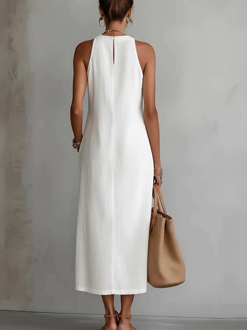 Ximena | Vestido midi de lino con cuello mao