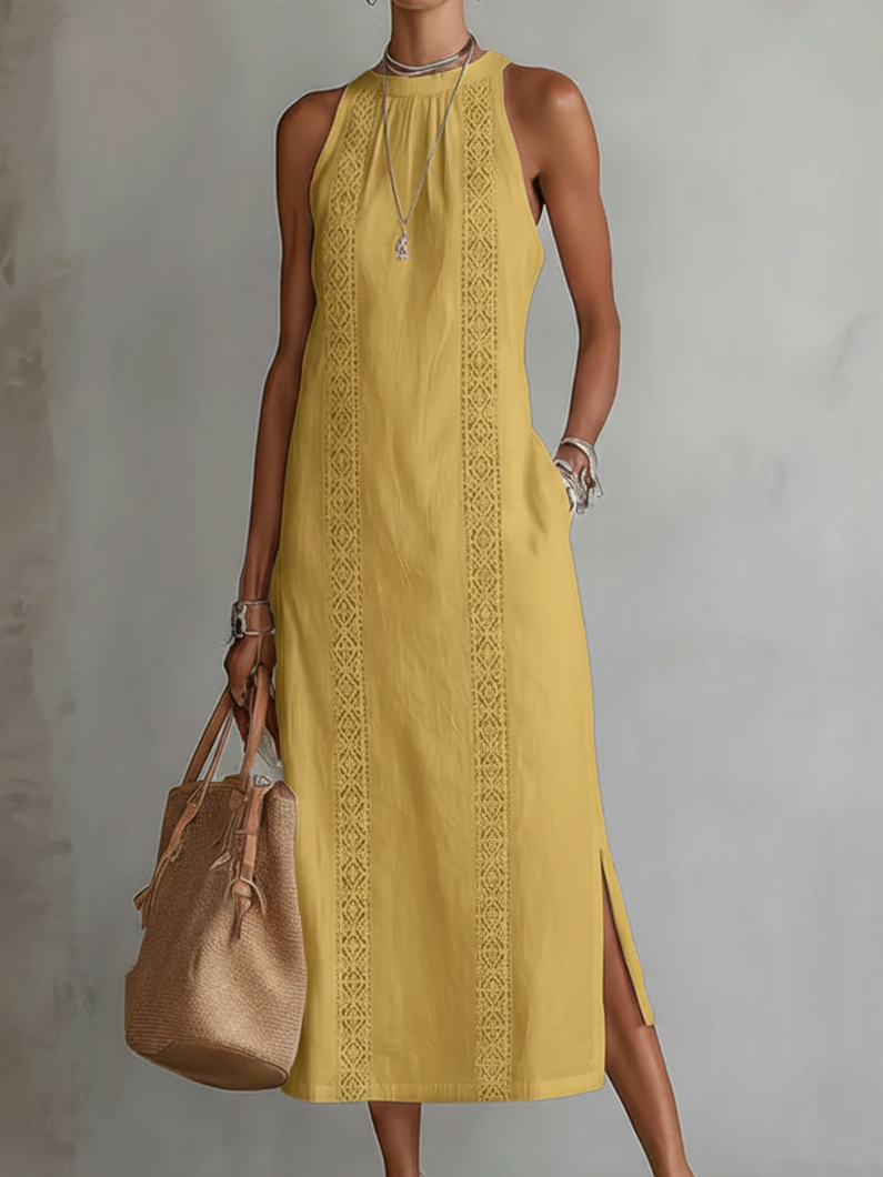 Ximena | Vestido midi de lino con cuello mao