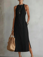 Ximena | Vestido midi de lino con cuello mao