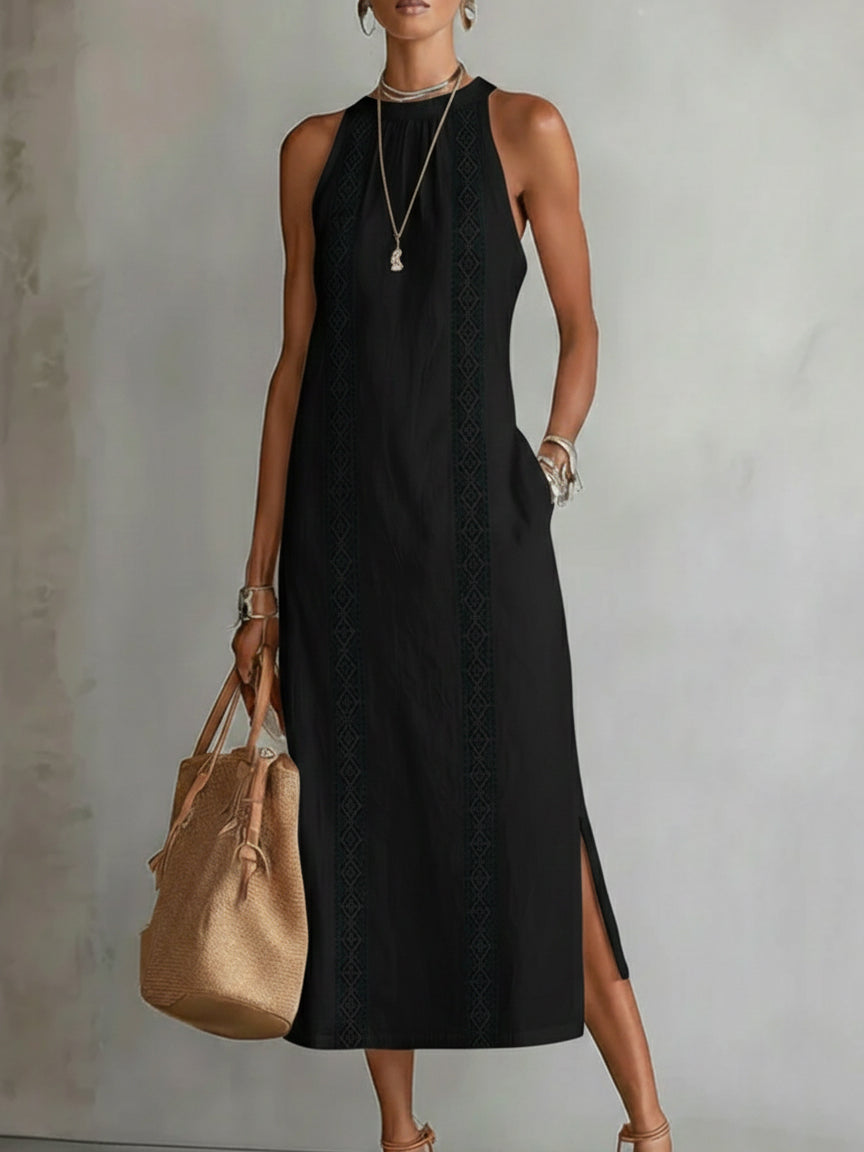 Ximena | Vestido midi de lino con cuello mao