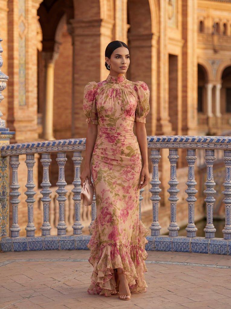 Rosana | Vestido largo floral con cuello alto y mangas abullonadas