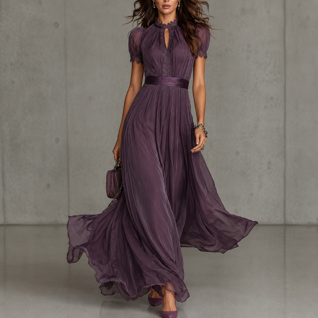 Winifred | Vestido largo de chiffon con cuello alto y mangas abullonadas